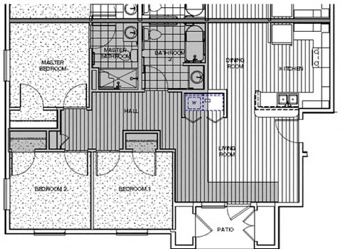 Floor plan for 3 beds, 2 baths, 1052 sqft